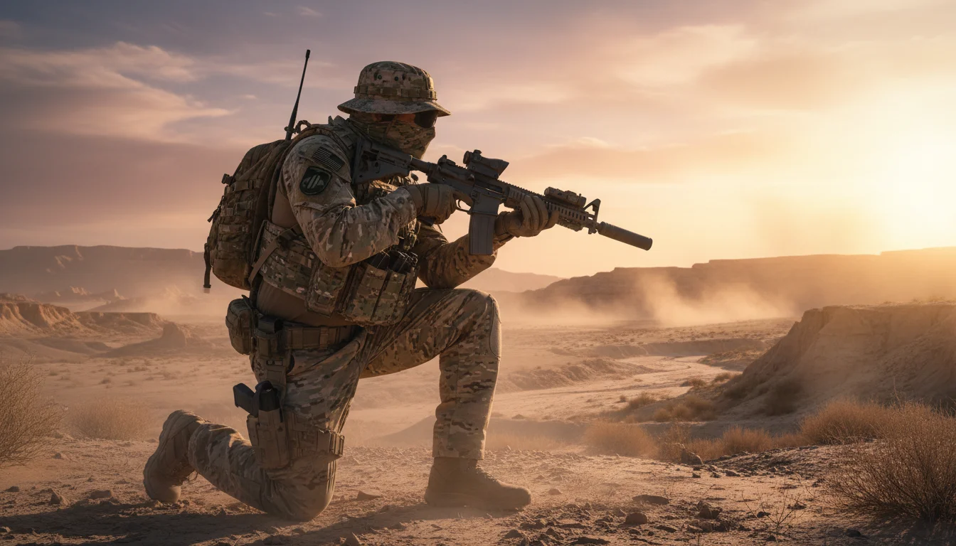 Jugador airsoft con uniforme MultiCam en campo árido