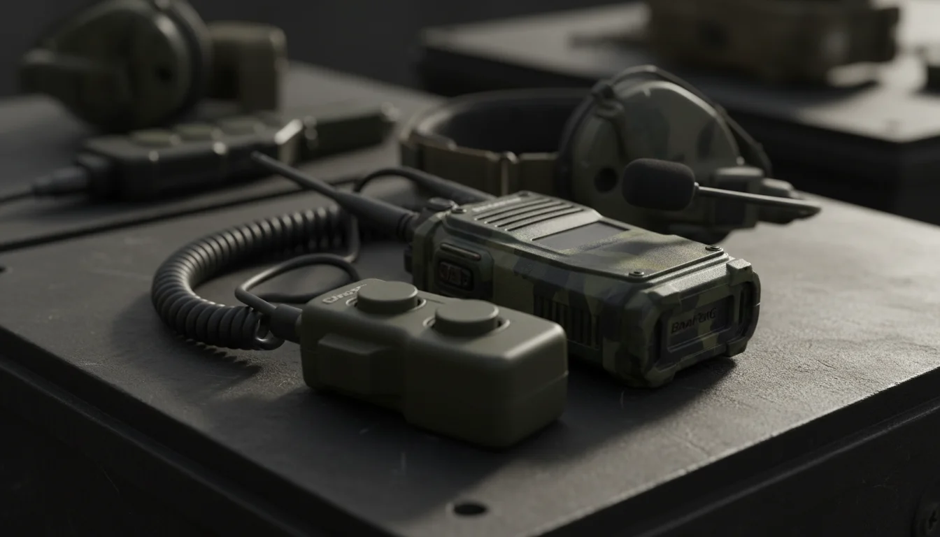 Radio airsoft Baofeng UV-5R con PTT y headset táctico en campo