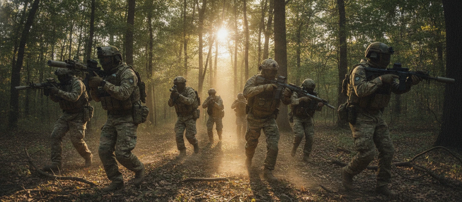 Equipo táctico de airsoft completo con réplica M4 cargadores y accesorios sobre mesa de preparación