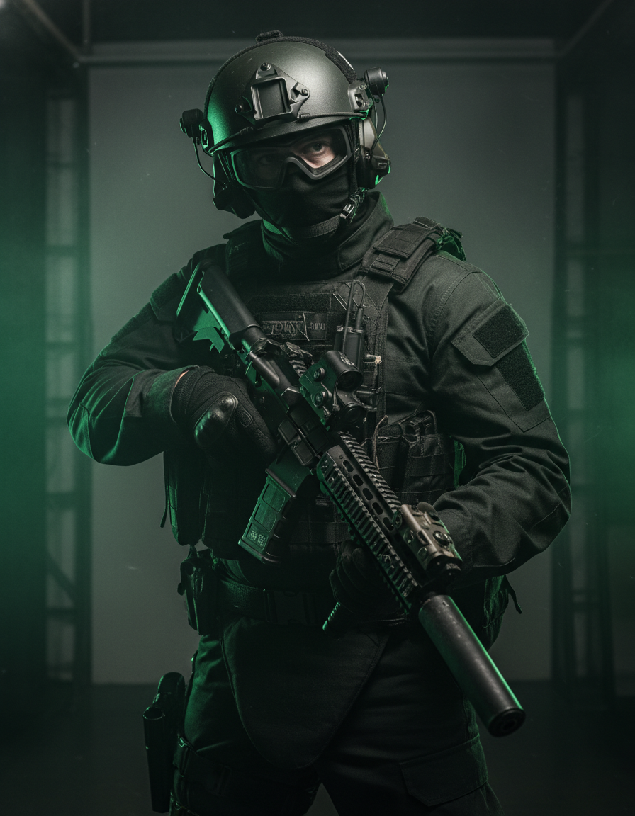 Jugador de airsoft en equipamiento táctico completo